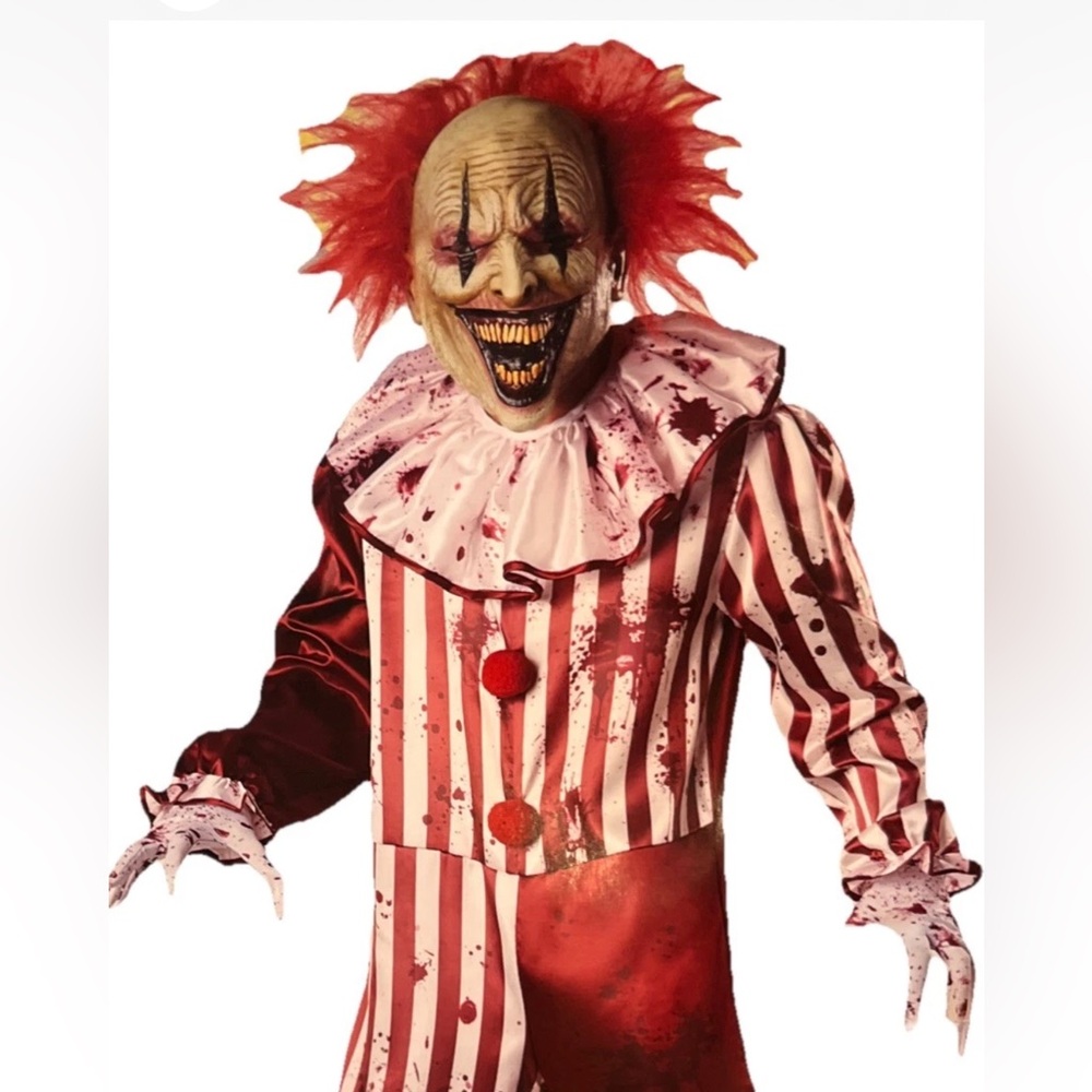 Creepy Circus CLOWN Red Striped Costume Halloween MASK SUIT NECK RUFFLE Gloves S